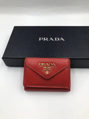PRADA Compact Wallet Tri-fold Leather Red Gold no box excellent gift F/S - Image 1 of 4