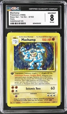 CGC 8 Machamp 1st Edition Base 8/102 Holo ERROR Additional Ink Pokemon Card psa - Image 1 of 2
