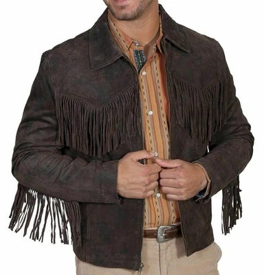 Men's Western Style Cowboy Brown Suede Leather Jacket with Fringes Soft Coat - Image 1 of 3