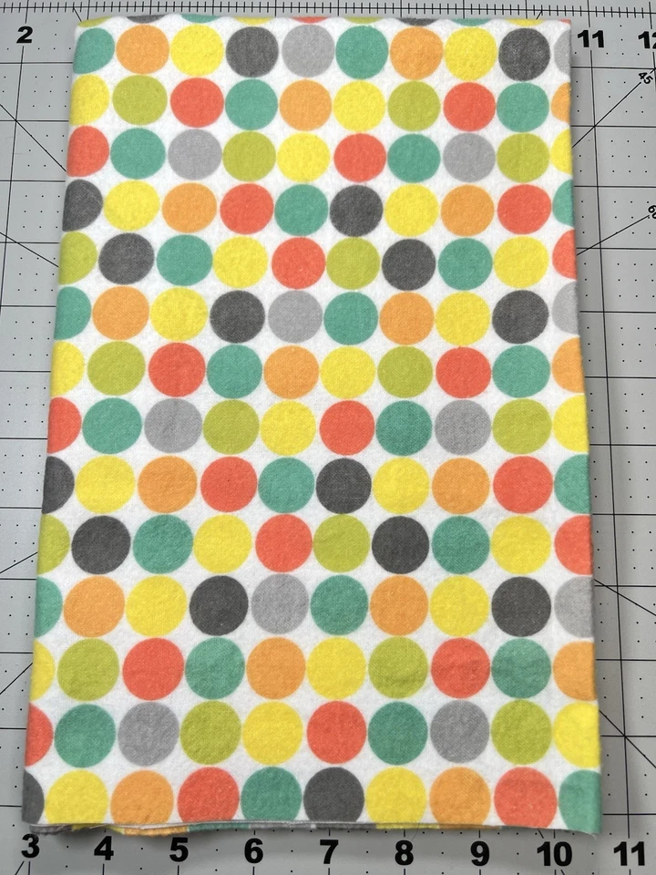 Multicolor Polka Dot Cotton Flannel Fabric 29”L X 22”W Green Yellow Gray Orange - Image 1 of 1