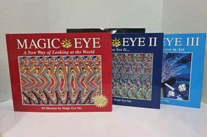 Magic Eye Book Lot 3D Illusions Book 1, 2, 3 Bonus Poster Hardback With Jackets - Imagen 1 de 9