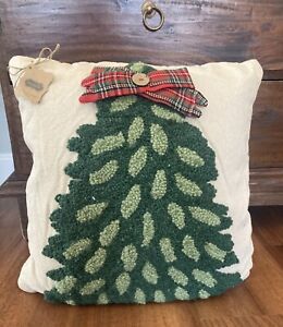 Mud Pie 16" Hooked Christmas Tree with Tartan Plaid Back Square Pillow NWT