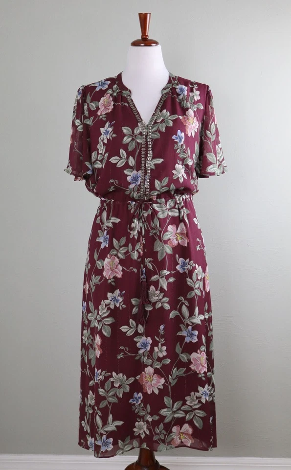 TOMMY BAHAMA $158 Floral Embellished Lined Metallic Midi Dress Size Large - Image 1 of 4