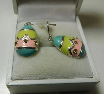 Nwt Rosa Pastello Giallo Smalto Strass Pasqua Uovo Argento con Foro Orecchini K2 - Immagine 1 di 4