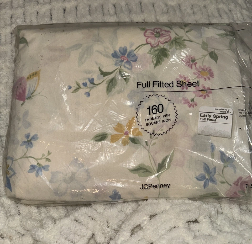 复古 JC Penney 全床单早春蓝色粉红色破旧花卉 NOS  — 第 1/4 张图片