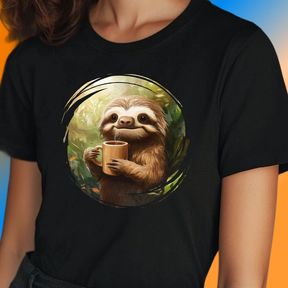 Frauen T-Shirt Faultier mit Kaffeetasse Motiv Baumwolle Größe S bis 3XL - Bild 1 von 1