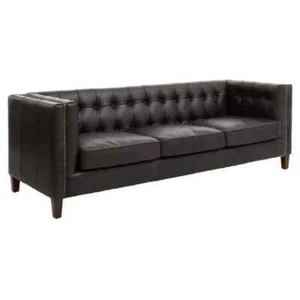 3 Seater Black Leather Sofa Chesterfield Style with Oak Legs Vintage Look - Picture 1 of 12
