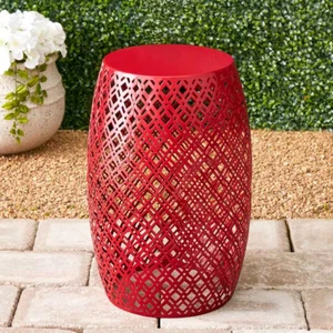 Stylish Red Metal Barrel Porch/Patio Home Stool Side/End Accent Table - Picture 1 of 2