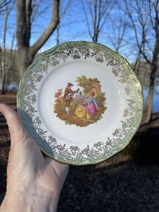 Kleiber Bavaria Courting Couple Plate Regnitzlosau Porz Germany Green Gold Trim - Picture 1 of 9