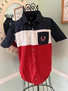 True Religion Red & Blue Logo Color-Block Short-Sleeve Button-Up - Boys XL - Picture 1 of 4