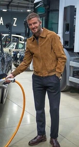 David Beckham Brown Bomber Leather Jacket for Men Pure Suede Size S M L XL XXL - Picture 1 of 6