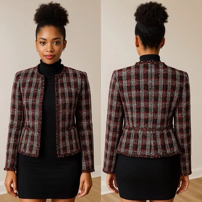 DKNY Women’s Basic Classic Blazer  Tweed Plaid Jacket Red Gray Sz 10 - Image 1 of 4