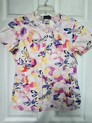 Cherokee Scrub Top Size S-VIBRANT Pink/Pastel Butterflies-Chest 20"/L 25" - Image 1 of 4