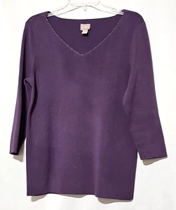 Chico's Purple Tight Knit Sweater Pearl Embellished V-neck Womens Size 1 - Picture 1 of 4