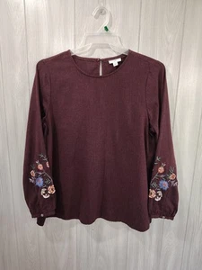 J. Jill Blouse Womens Maroon Floral Embroidered Long Sleeve Top Shirt Size M - Picture 1 of 9