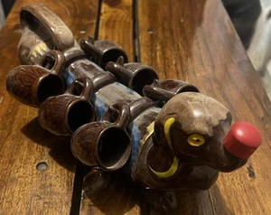 Ceramic Dachshund Dog Decanter set 7 Pc W Shot Glasses Japan 1960s Wood Nose VTG - Picture 1 of 7