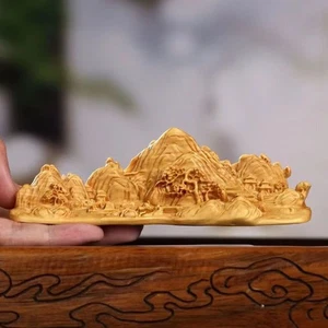 Statua paesaggio bosso 12 cm legno massello intagliato penna riposo Shan Shui arredo casa - Foto 1 di 8