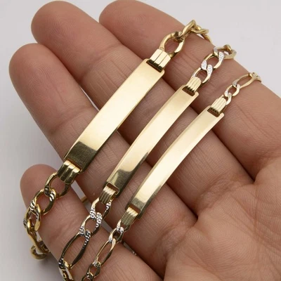 10K Yellow White Gold Diamond-Cut Figaro ID Bracelet All Sizes - Image 1 of 4