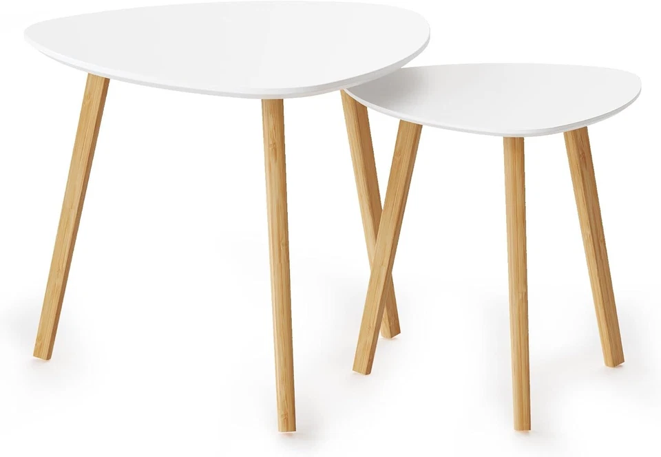 Bamboo Nesting Triangle End Table Set of 2 Coffee Modern Minimalist Side F White
