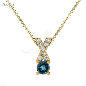 5mm London Blue Topaz X Pendant 14K Gold Diamond Wedding Necklace Gift For Women - Picture 1 of 22