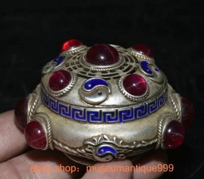 2.8" Old Chinese Silver Cloisonne pink gem Eight Diagrams Incense Burner Censer Foto 1 de 4