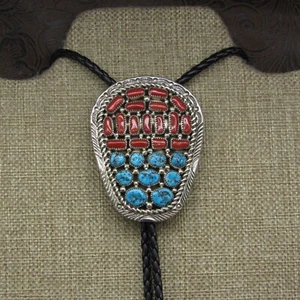 Sterling Silver Cluster Coral and Turquoise Bolo Tie - Picture 1 of 6