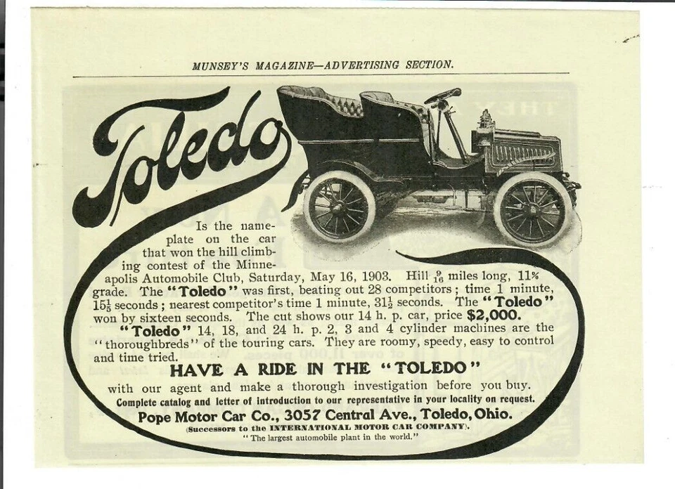 1903 Toledo Antique Print Ad Pope Motor Car Company Toledo Ohio Automobile - Image 1 of 1