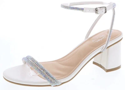 Top Moda Women Block Short Heel Open Toe Ankle Strap Bling Rhinestone CITY White - Image 1 of 3
