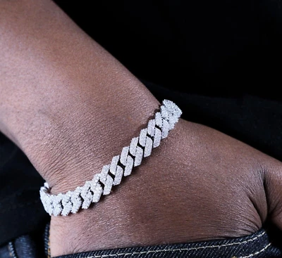 Brazalete de eslabones cubanos de plata 925 con diamantes creados en laboratorio de 6 quilates para hombre de 2 filas de 10 mm x 7 pulgadas Foto 1 de 4