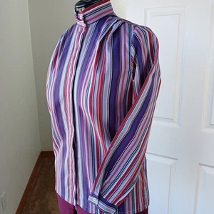 Mary Poppins Bluse M/L? Vintage Handarbeit lila rote Streifen Langarm Mandarine - Bild 1 von 15