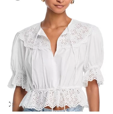 AQUA EYELET PUFF SLEEVE TIE TOP- FLIRTY & FEMININE, SIZE: M - Image 1 of 4