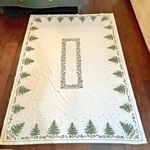 Christmas Fabric Tablecloth White With Green Trim Trees Stars Gifts 60 x 84 - Picture 1 of 10