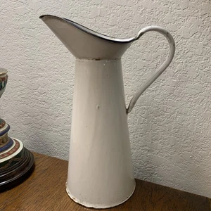 Vintage French Enamel Pitcher White & Dark Blue 12.75” Tall Farmhouse Rustic - Picture 1 of 9