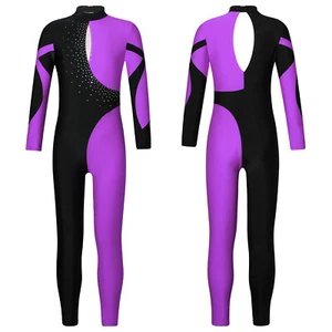 Kids Girls Jumpsuit Contrast Color Bodysuit Rhinestone Leotard Footless Shiny - Picture 1 of 55