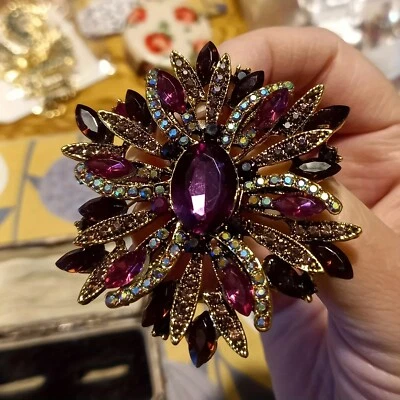  Vintage Style Large Sparkly Purple Flower Brooch Pin with Gemstones - Image 1 of 4