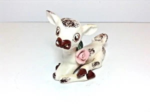 VTG=PORCELAIN BROWN SPOTTED CALF FIGURINE W/PINK ROSE=STAMPED 39= JAPAN=3"^X3.5" - Picture 1 of 5