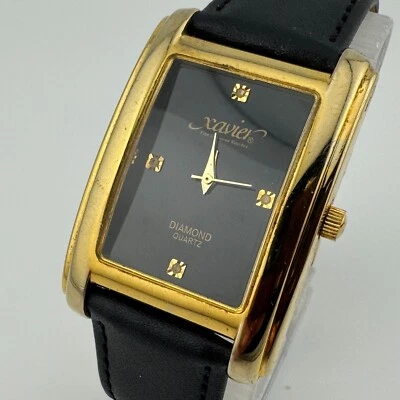 Xavier Quartz Watch Men Curved Gold Tone Diamond Rectangle Leather New Battery - Image 1 of 4