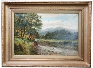 19C Daniel Sherrin signierte englische Flussseite Waldlandschaft Original Ölgemälde - Bild 1 von 15