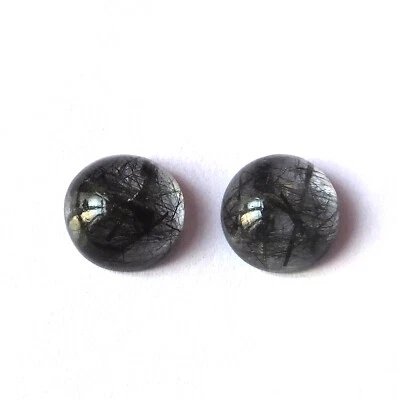 Natural Black Rutilated Quartz Cabochon 10X10 mm Round Cut Gemstone 2 Piece Lot - Image 1 of 4