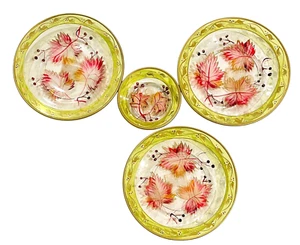 Yankee Candle Glass Candle Plate Set Luster Leaf 3-6.5” & 1-3.75” Green Gold - Picture 1 of 11