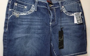 New Earl Jean Women's Size 10 Rhinestone Dark Wash Distressed Denim Jean Shorts - Picture 1 of 4