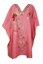 Women Peach Embellished Short Caftan Dress Floral Embroidered Housedress Kaftan