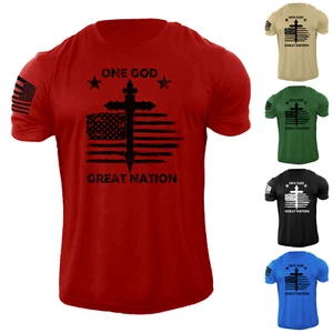 New Men's One God Great Nation American Flag T Shirt USA Patriotic 100% Cotton - Picture 1 of 13