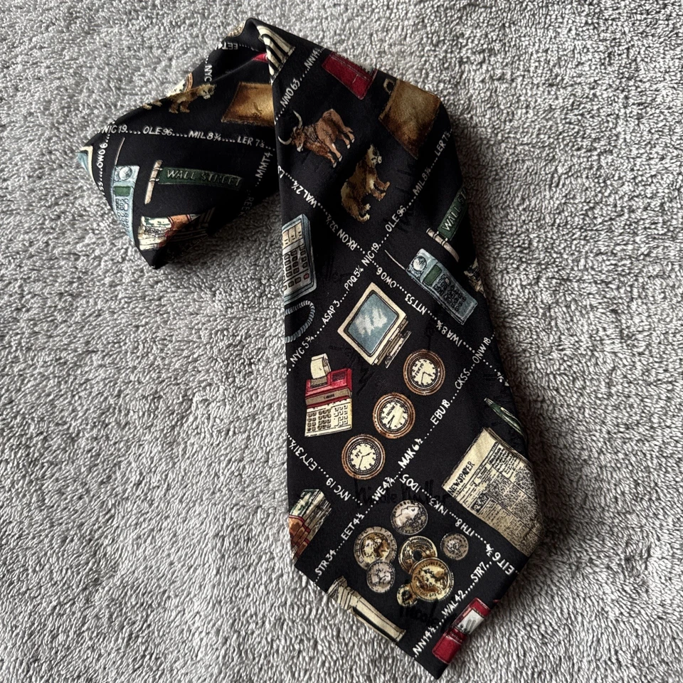 VINTAGE Nicole Miller Tie Black Wall Street Money Silk Retro Formal Designer - Image 1 of 4