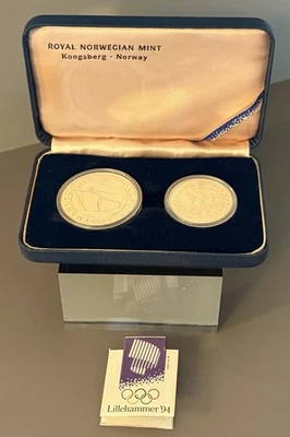 NORWAY 1991 2 pc Proof Set 50 Kroner 1/2 ounce & 100 Kroner 1 ounce OGP Olympic - Image 1 of 4