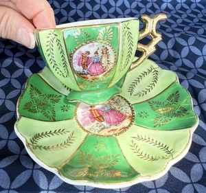 Antique Courting Couple Demitasse Cup & Saucer Green & Gold Dresden - Picture 1 of 10
