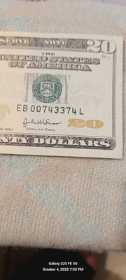 EB00743374L Twenty Dollar Bill Fancy Serial  Year 2004 - Image 1 of 4