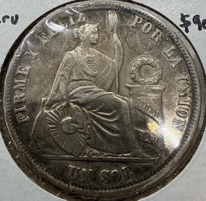 1867 Un Sol Peru Silver 1 Sol Coin - Crown Size - Picture 1 of 4