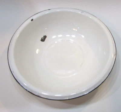 Primitive Old 1890's 3x12 White Enamelware Bowl Antique Metal Pan w Black Rim - Image 1 of 3