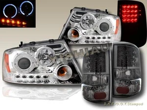 2004-08 FORD F150 HALO LED PROJECTOR HEADLIGHTS CHROME + LED SMOKE TAIL LIGHTS - Picture 1 of 2